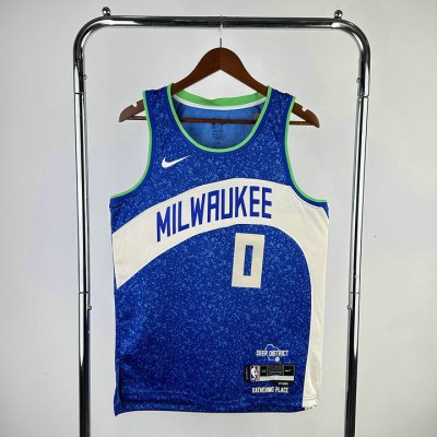 Maillot de Basket #0 Lillard Milwaukee Bucks 23-24 city Bleu Imprimé